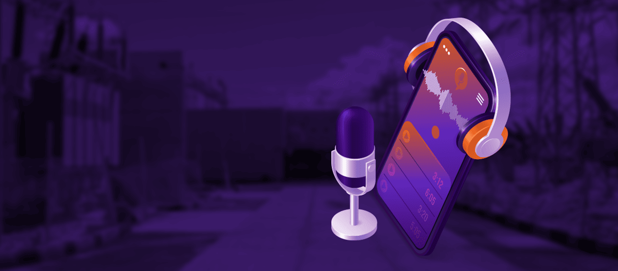 Imagen animada de un celular con audífonos y un micrófono que invita a escuchar el podcast sobre riesgo eléctrico en el trabajo.  