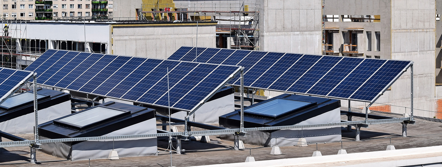 Panales solares en el techo de una empresa para aportar al proceso de descarbonización. 