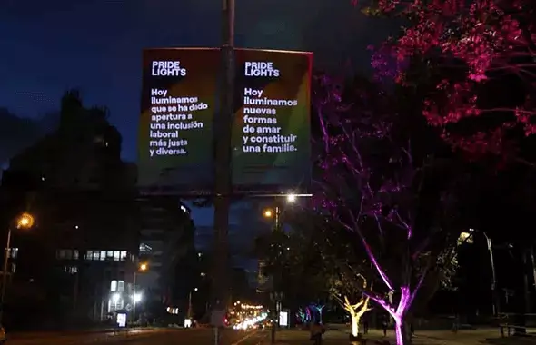 Para evento  LGBTIQ+, troncos color morado.en Bogotá.