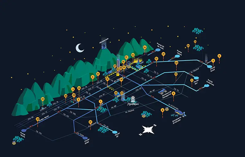 Mapa de la Ruta de la Navidad de Bogotá 2023, iluminada con el apoyo de Enel X. Para planes nocturnos con amigos y familia.