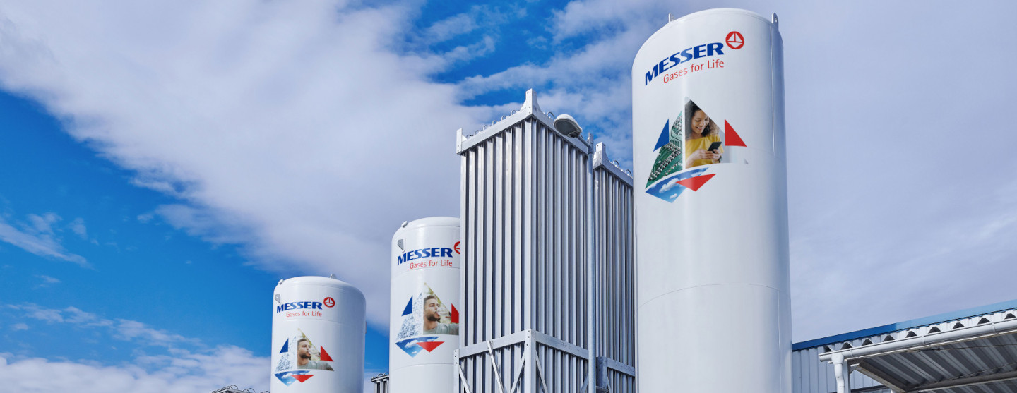 Industrial gas storage tanks and processing equipment at a Messer facility