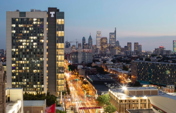 Temple University campus and Philadelphia skyline