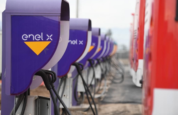 row of Enel X smart EV chargers charging electric buses
