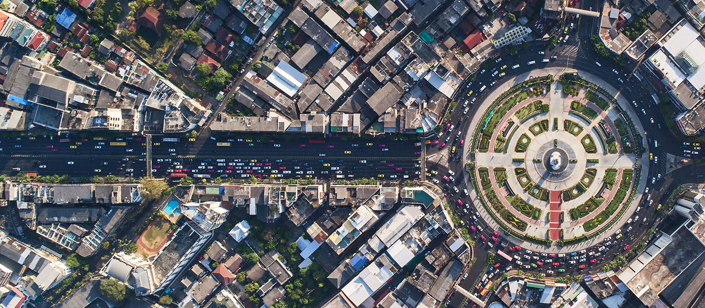 aerial view of busy roundabout