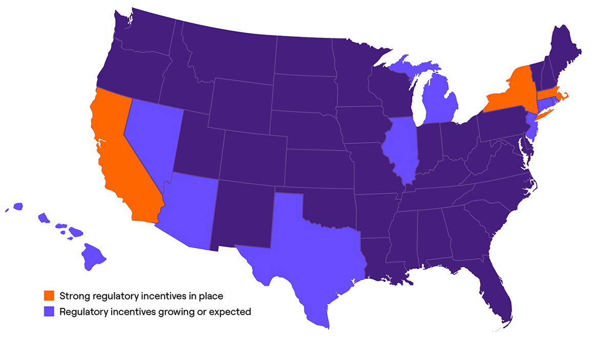 US map showing states with regulatory incentives