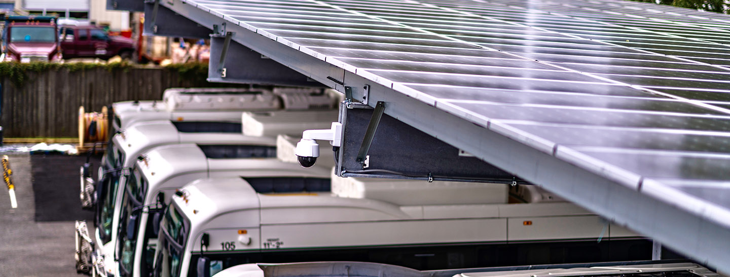 Solar panels on roof above electric buses