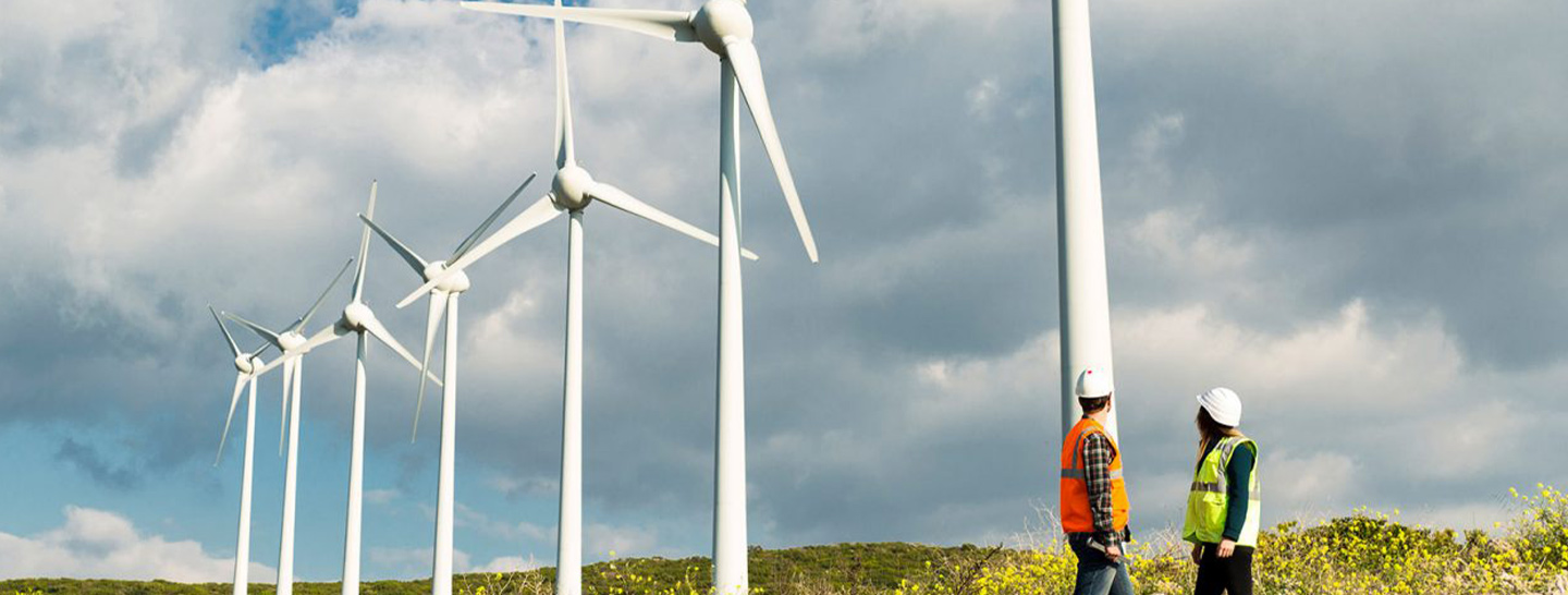 Electrical workers near windmills