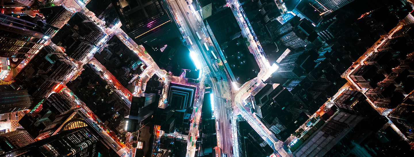 Aerial view of city streets at night