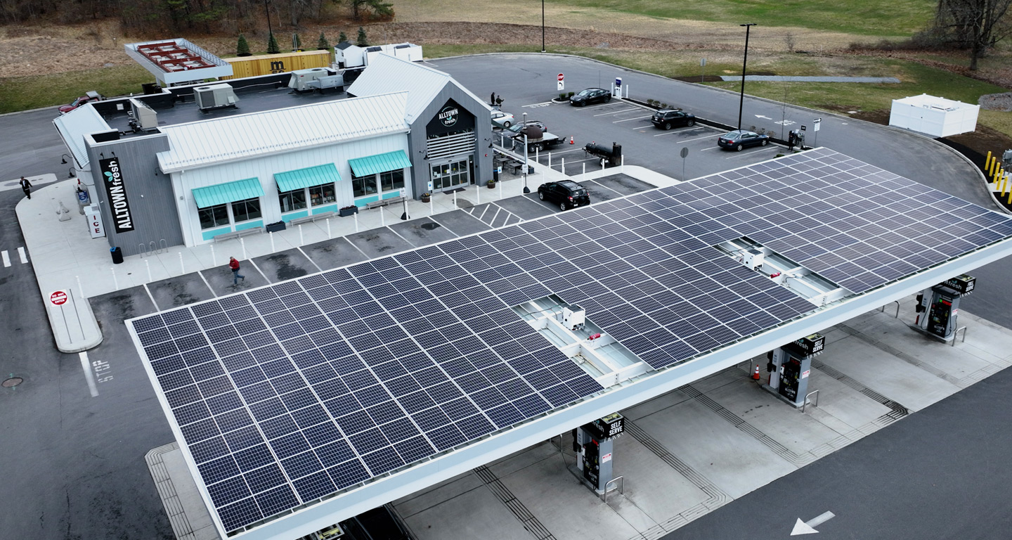 Solar panels on the roof of a service station