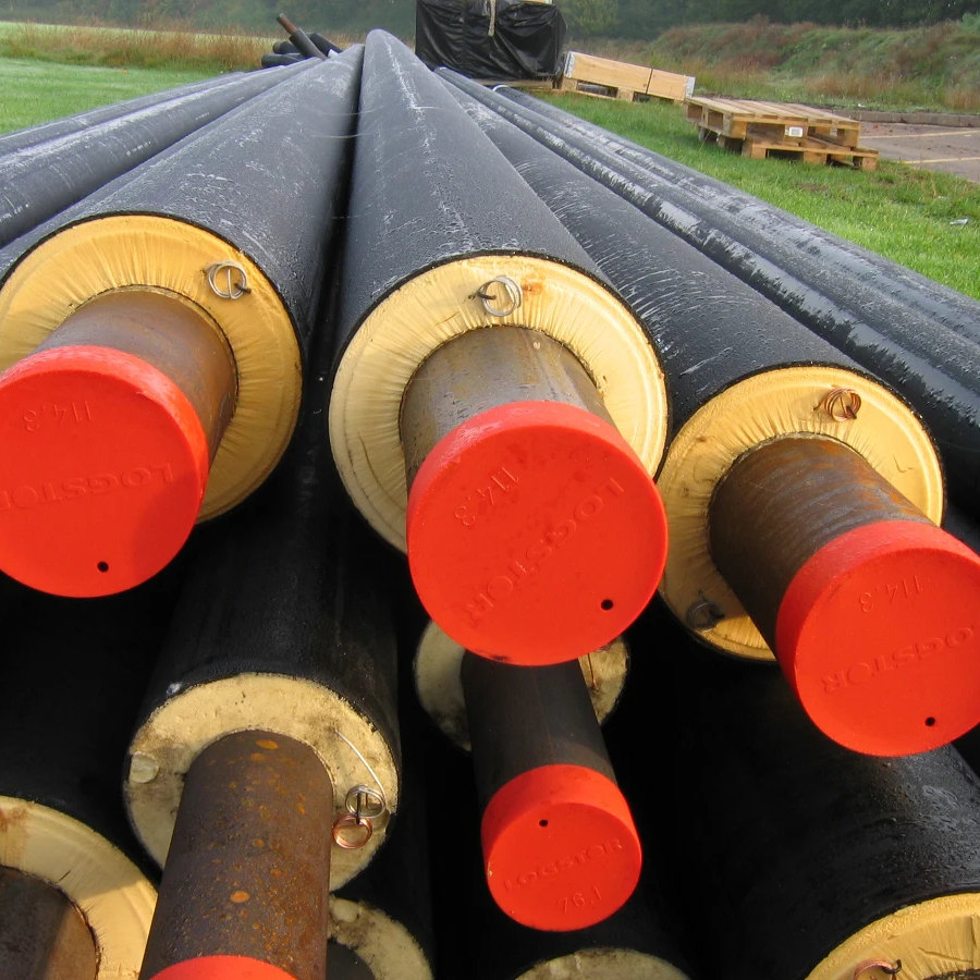 Insulated district heating pipes prepared for installation