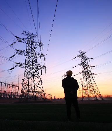 A man positioned before large electricity pylons